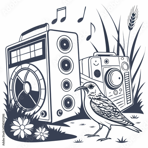 A charming bird stands in a grassy field listening to music from a vintage boombox and cassette player