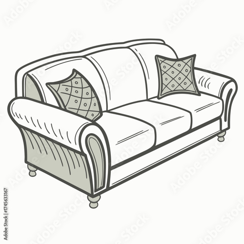 A charming hand drawn illustration of a comfortable three seater sofa with decorative cushions and elegant legs