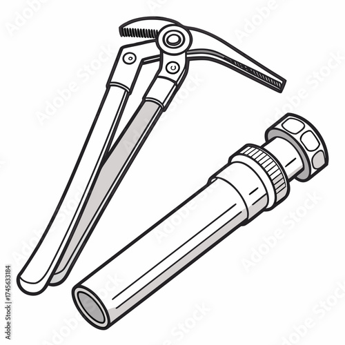 A close up illustration of plumbing tools including pipe wrench and a section of pipe with a fitting