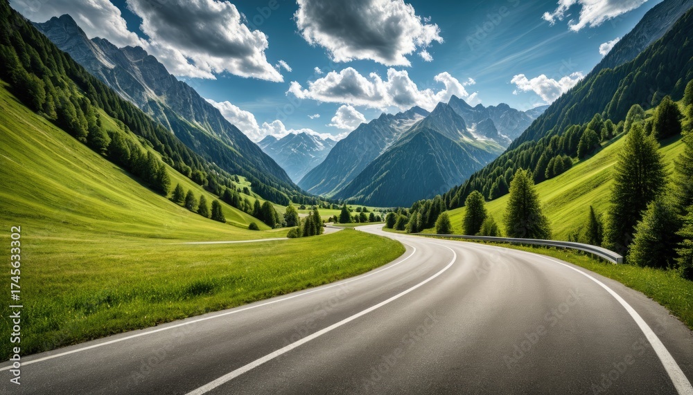 Fototapeta premium Winding road through a verdant valley with majestic mountains and blue sky