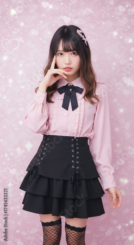 ピンクのブラウスと黒のスカートを着たガーリー系ファッションの女性