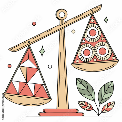 Abstract illustration of a golden balance scale weighing a geometric triangle against a pizza slice with decorative circles