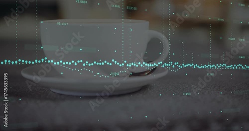 As teal data points appearing over still coffee cup, stems pulsing to visualize value changes