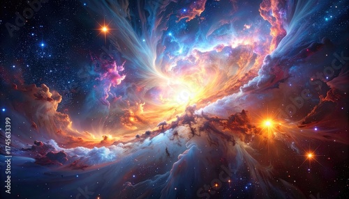 Majestic space scene with glowing celestial clouds, stars, and vibrant colors