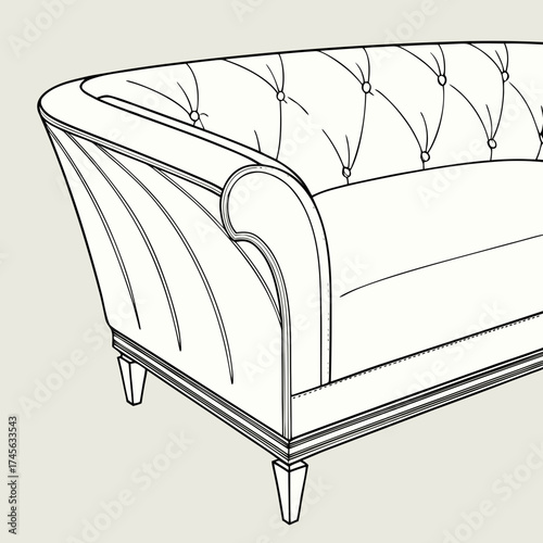 Elegant chesterfield sofa outline drawing with tufted back and scrolled armrest on a neutral background
