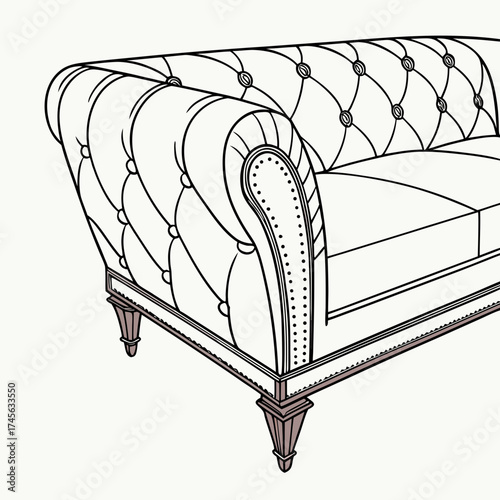 Elegant chesterfield sofa illustration with deep button tufting and decorative nailhead trim on a white background