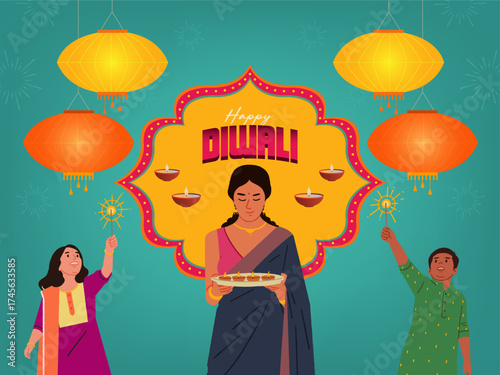 Diwali festival social media banner with an Indian woman in a saree celebrating Diwali, and a festival hanging lamp vector illustration  