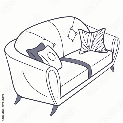 Elegant line art drawing of a comfortable two seater sofa with decorative cushions and tufted backrest