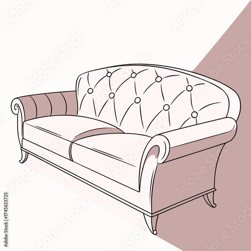 Elegant tufted sofa with rolled arms and plush cushions in a soft pink hue