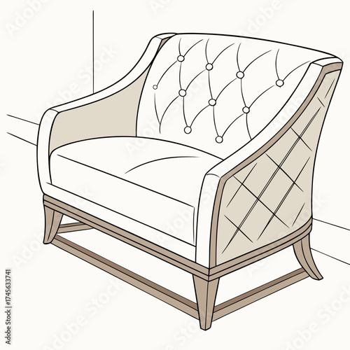 Elegant upholstered armchair with tufted back and diamond pattern on the sides in a neutral color palette