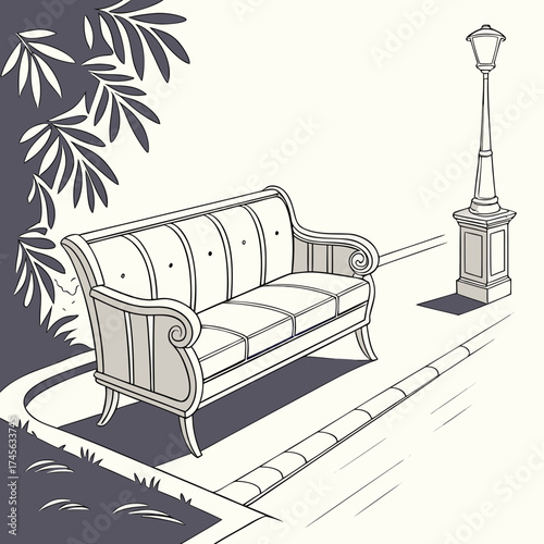 Elegant vintage sofa and ornate lamppost in a park setting with dappled sunlight and shadows