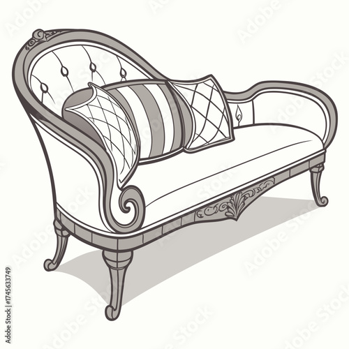 Elegant vintage chaise lounge with decorative pillows and ornate carved wooden legs in a monochrome style