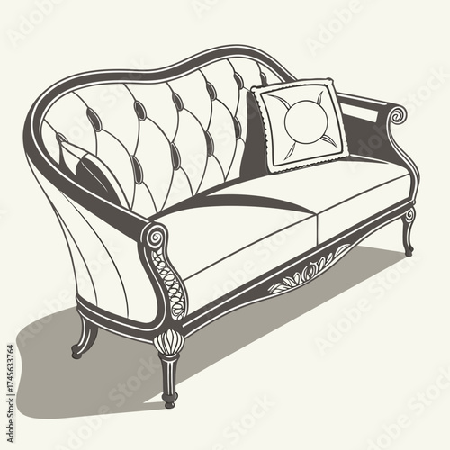 Elegant vintage tufted sofa with ornate carved details and a decorative throw pillow on a light background