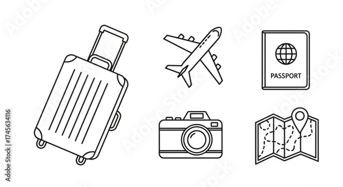 Outlined Travel Essentials Suitcase Airplane Camera Passport and Map Icons