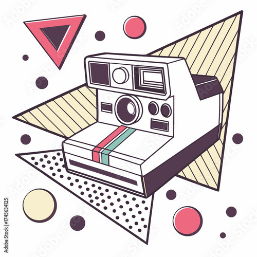 Retro instant camera illustration with vibrant geometric shapes and abstract memphis style design elements
