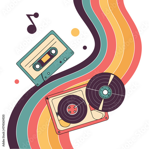 Retro cassette tape and vinyl record floating on colorful wavy stripes with musical notes and circles