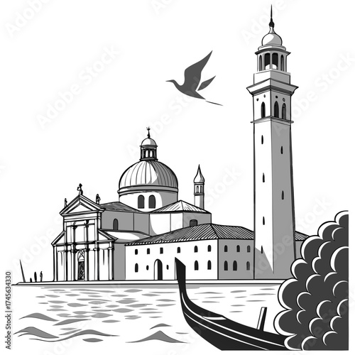 Striking black and white illustration of venice italy famous landmarks with a gondola and bird flying