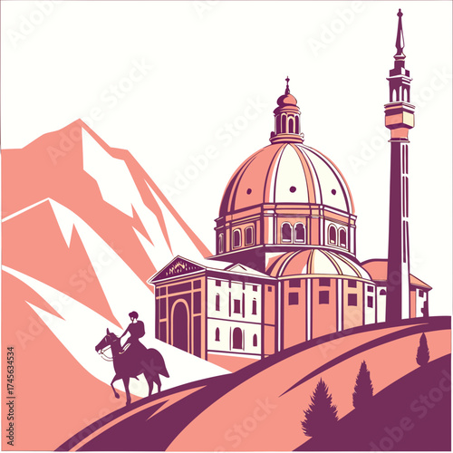 Stylized illustration of a lone rider on horseback approaching a grand domed building with a tall tower and mountains in the background
