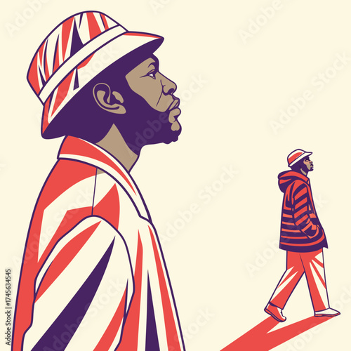 Stylized illustration of a man in profile wearing a bucket hat and jacket with a union jack pattern