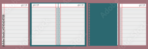 Crumpled Spiral Notebook Paper Templates Set Graph, Ruled Blank Vector. blank notebook mockup with metal spirals with black cover, place for text, in closed and opened view. collection of blank note