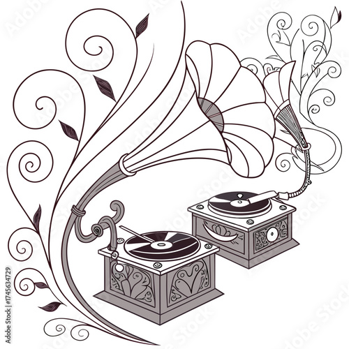 Vintage gramophones with decorative swirling vines and leaves creating an artistic musical composition