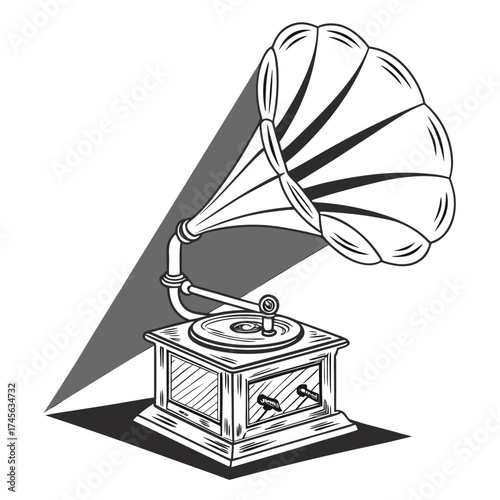 Vintage gramophone with large horn and wooden base casting a dramatic shadow and light beam illustration