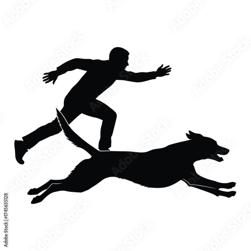 Silhouette of a Man Running Alongside a Leaping Dog vector illustration