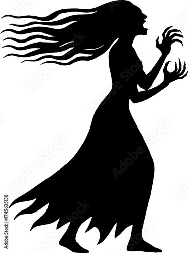 Silhouette of banshee woman screaming with long hair flowing vector with white background 