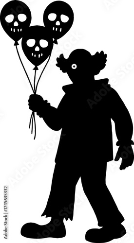 Silhouette of clown holding balloons with shadows of skulls vector with white background 