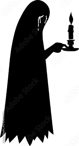 Silhouette of crying ghost holding candle - horror illustration vector with white background 