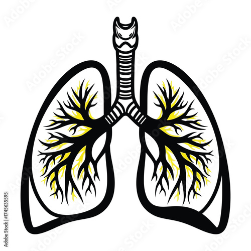 Stylized Black and Yellow Illustration of Human Lungs and Trachea respiratory system bronchi
