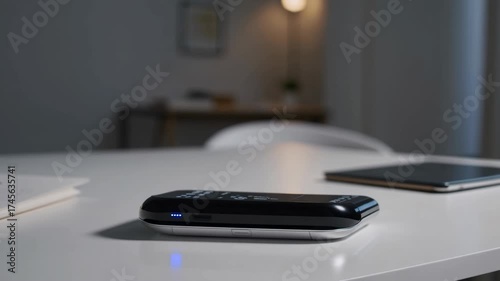 A sleek smartphone lies on a white table in a modern room, captured from a low angle. The scene suggests a tech-focused video concept.