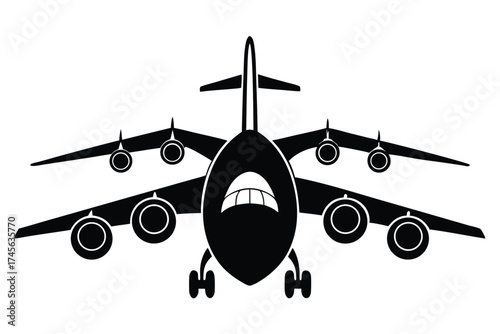 Front View of Silhouetted Cargo Plane with Eight Engines and Landing Gear
