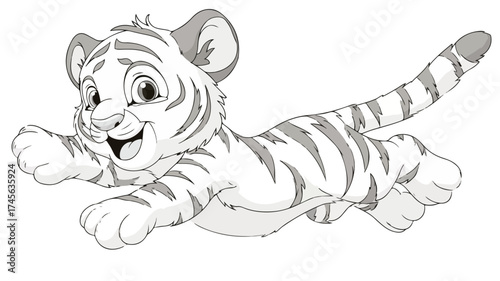 Joyful Cartoon Tiger Cub Jumping Vector with Outlines