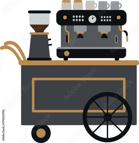 Modern coffee cart espresso machine grinder barista equipment vector
