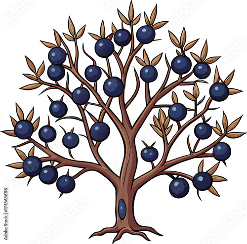 Stylized illustration of a fruit tree laden with dark blue berries and golden leaves