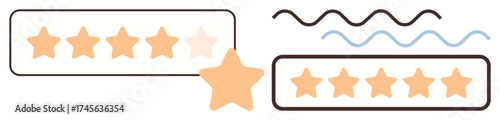 Two rating bars featuring five stars, one with a star enlarged and separated as highlight curved wavy lines implying creativity, evaluation, or review process. Ideal for feedback, rating system