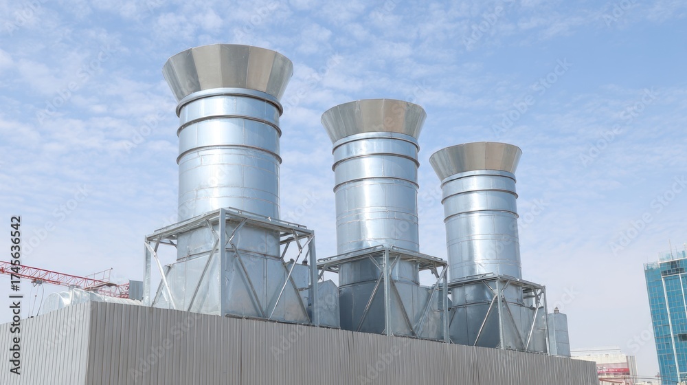 Obraz premium Industrial ventilation systems on a building exterior against a clear blue sky