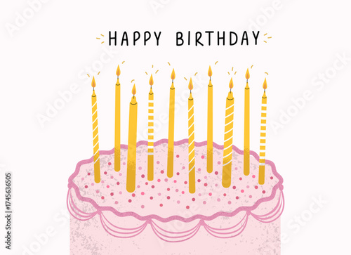 Happy birthday greeting card with candles, confetti on the cake. Hand drawn illustration. Vector cute background.