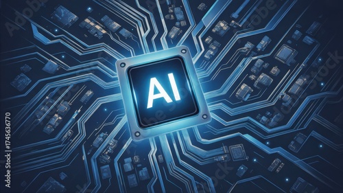 AI Chip: Captivating visualization of a cutting-edge AI chip, the focal point being the illuminated AI symbol amidst an intricate network of circuits.