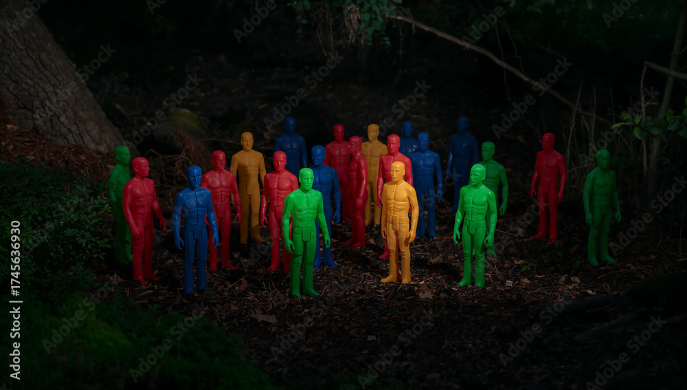 Obraz premium Colorful Figurines Gathered in a Mysterious Forest Scene