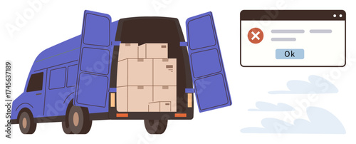 Overloaded delivery van with open doors, stacked packages, and an error popup window. Ideal for logistics, shipping issues, online orders, transportation management, supply chain challenges, mistake