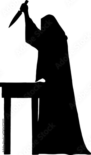 Silhouette of hooded human raising knife over altar - ritual concept vector with white background 
