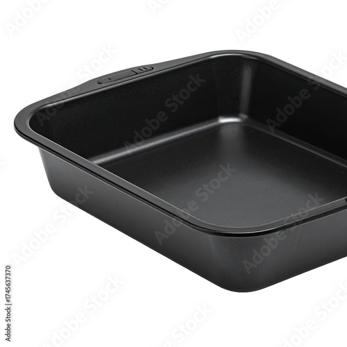 Close-up of a rectangular, black baking pan, showing its smooth interior and curved edges