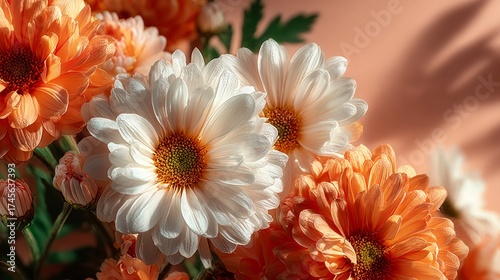 Vibrant Orange and White Chrysanthemums with Soft Light