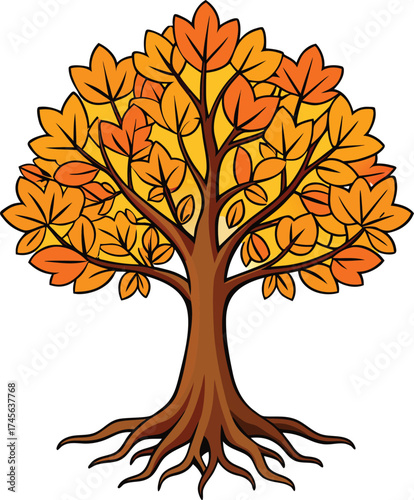 Vibrant autumn tree with spreading branches and exposed roots