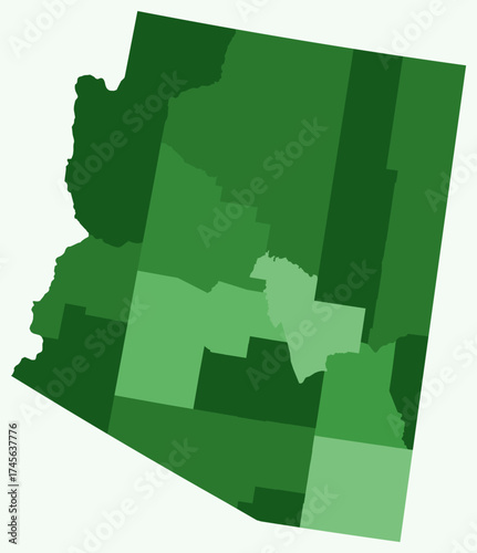 Map of Arizona with counties. Just a simple state border map with county division. Green color palette. Blank State of Arizona shape with administrative division. Vector illustration.