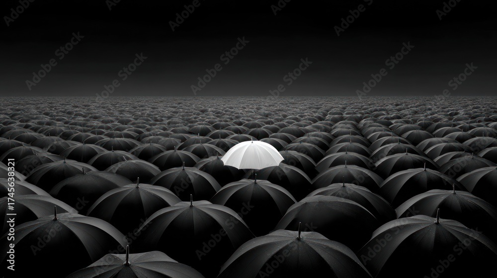 Fototapeta premium White umbrella distinct among black ones symbolizing uniqueness and standout