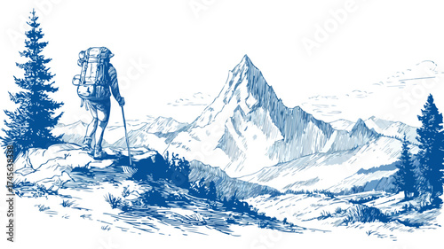 Exploring Nature: Vector Backpacker Hiking Mountain Peak Adventure