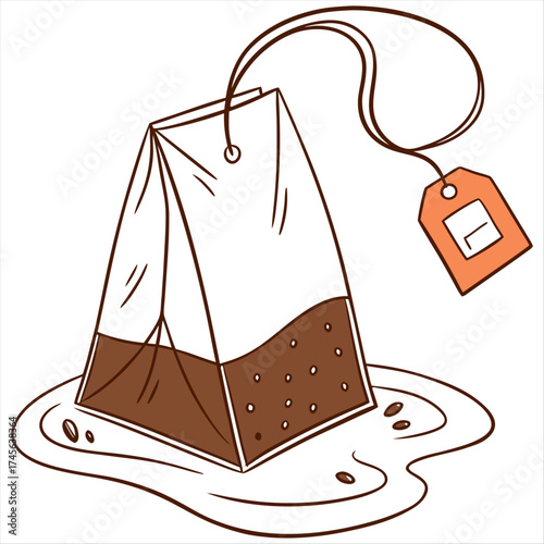 A simple illustration of a tea bag with a brown liquid inside and an orange tag on a white background